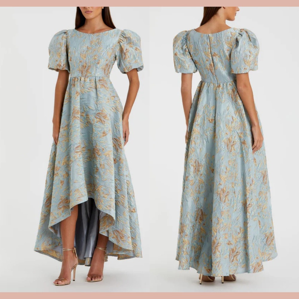 NWT MAC DUGGAL [‎ 6 ] 11608 Brocade Puff Sleeve High Low Gown PlatinumGold J2282